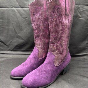 New Womens Colorblock Purple Cowboy Boots Trendy Chunky Heel Western Style Boots